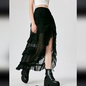 Cider Ruffle Sheer High Waist Maxi Skirt Black NWT Size Large